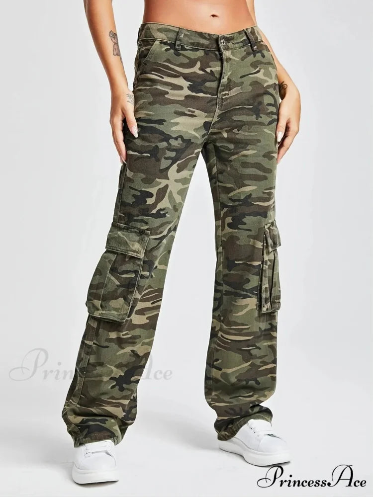 2024 Camouflage Women's Cargo High Wist Vintage Baggy Denim Straight Casual Fashion Jean