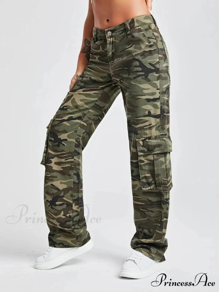 2024 Camouflage Women's Cargo High Wist Vintage Baggy Denim Straight Casual Fashion Jean