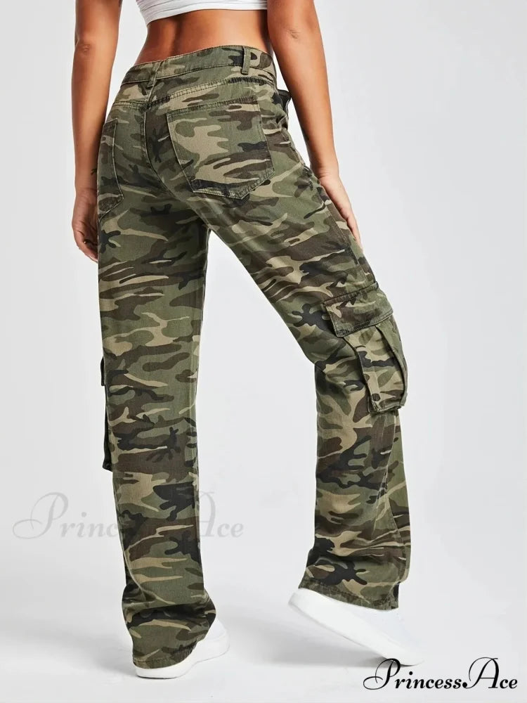 2024 Camouflage Women's Cargo High Wist Vintage Baggy Denim Straight Casual Fashion Jean