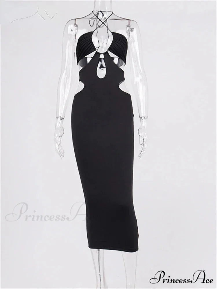 2024 Cut Out Party Evening Sexy Black Women's 2024 Summer Hollow Out Halter Wrap Long Backless Midi Dress