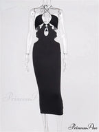 2024 Cut Out Party Evening Sexy Black Women's 2024 Summer Hollow Out Halter Wrap Long Backless Midi Dress