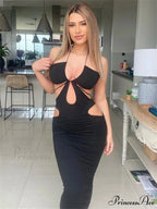 2024 Cut Out Party Evening Sexy Black Women's 2024 Summer Hollow Out Halter Wrap Long Backless Midi Dress