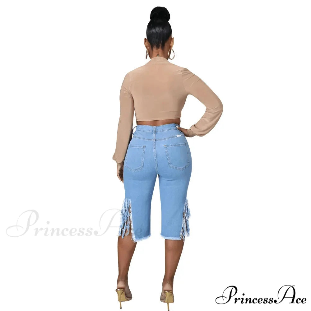 2024 Elastic Tassle Flare Knee Length Denim Pants Women Sexy Fashion High Waist Hole Ripped High Street Trousers Jean