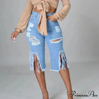 2024 Elastic Tassle Flare Knee Length Denim Pants Women Sexy Fashion High Waist Hole Ripped High Street Trousers Jean