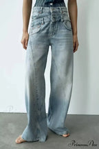 2024 Female Fashion Patchwork Denim Pant High Waist Vintage Women Casual Street Slim Wide Leg Long Jean