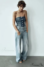 2024 Female Fashion Patchwork Denim Pant High Waist Vintage Women Casual Street Slim Wide Leg Long Jean