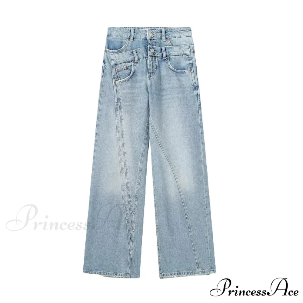 2024 Female Fashion Patchwork Denim Pant High Waist Vintage Women Casual Street Slim Wide Leg Long Jean