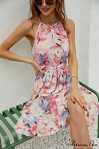 2024 Female Spring Summer Holiday Style Temperament Crew-neck Printed Cross Beach Floral Dress