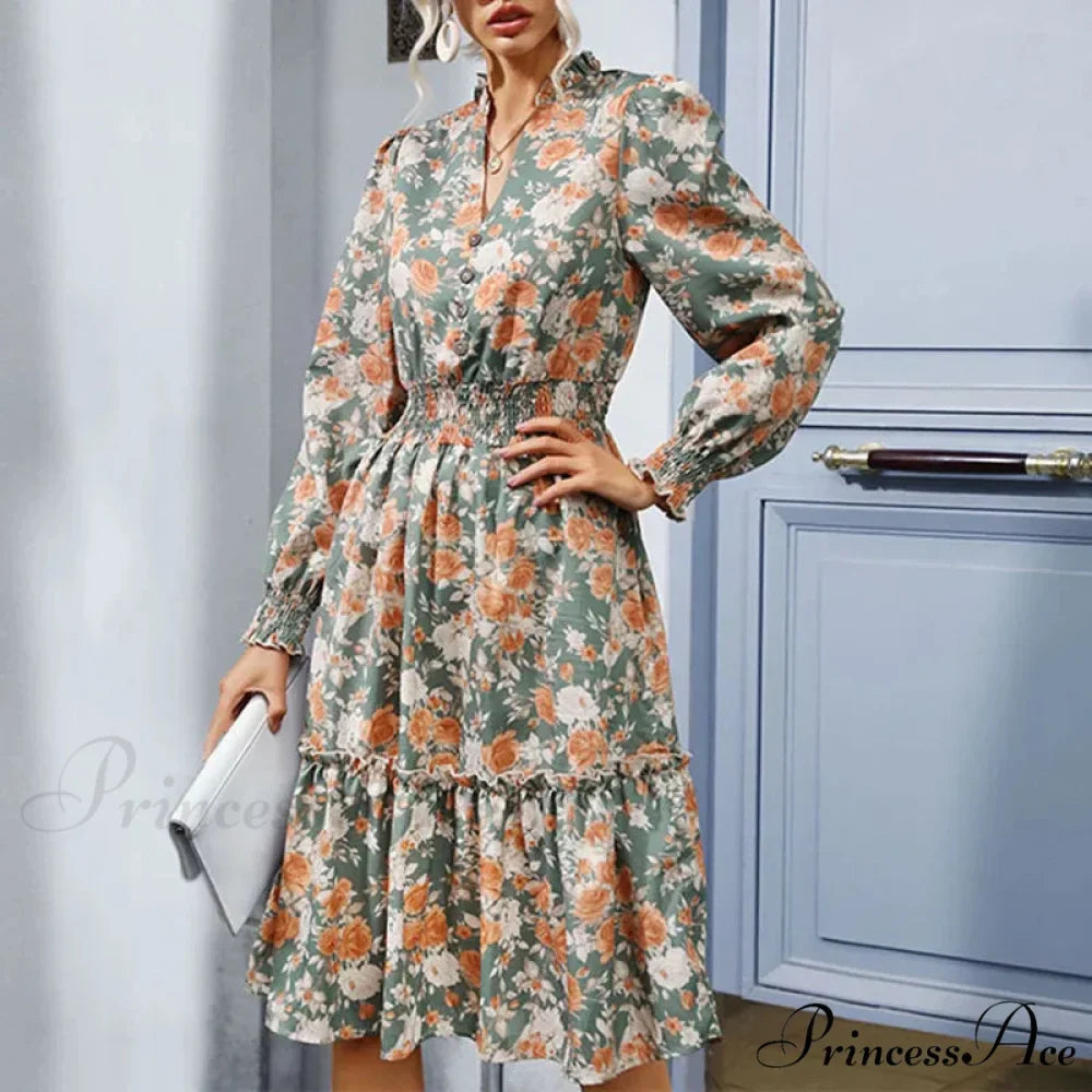 2024 Long Sleeve Printed A-Link Skirt Vestido De Cuello V Cerrado Summer Women Clothing Floral Dress