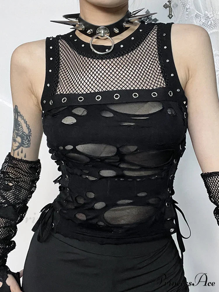 2024 Mall Gothic Sexy Hole See Through Lace-up Streetwear Cyber Punk Rave Fashion Crop Top