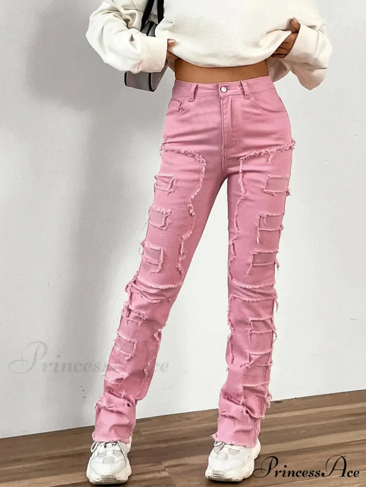 2024 New European and American Streetwise Stretch Patch for Women High Street Straight Fit Long Women's Jean