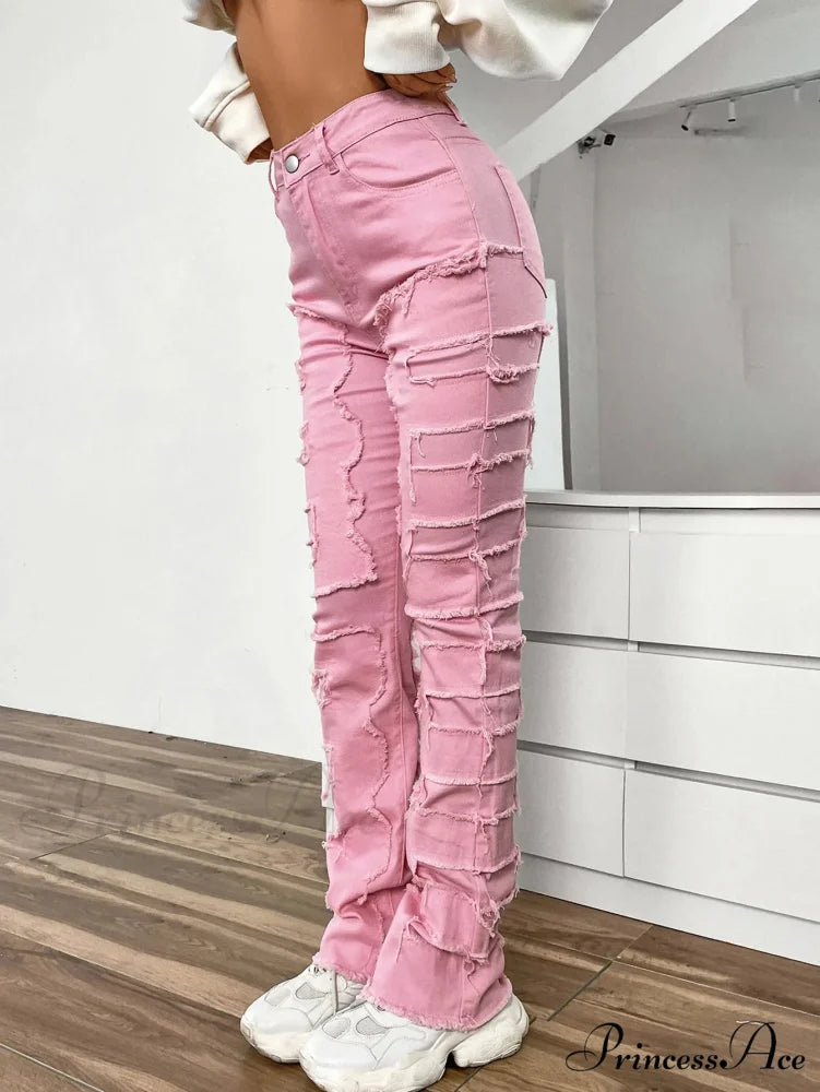 2024 New European and American Streetwise Stretch Patch for Women High Street Straight Fit Long Women's Jean