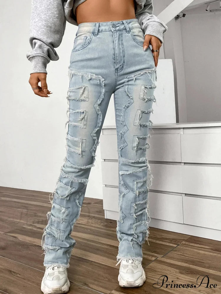 2024 New European and American Streetwise Stretch Patch for Women High Street Straight Fit Long Women's Jean