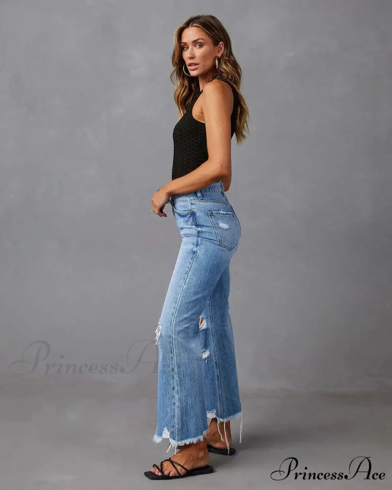 2024 New Fashion High Waist Straight Denim Vintage Tassel Women Baggy Spring Summer Blue Jean