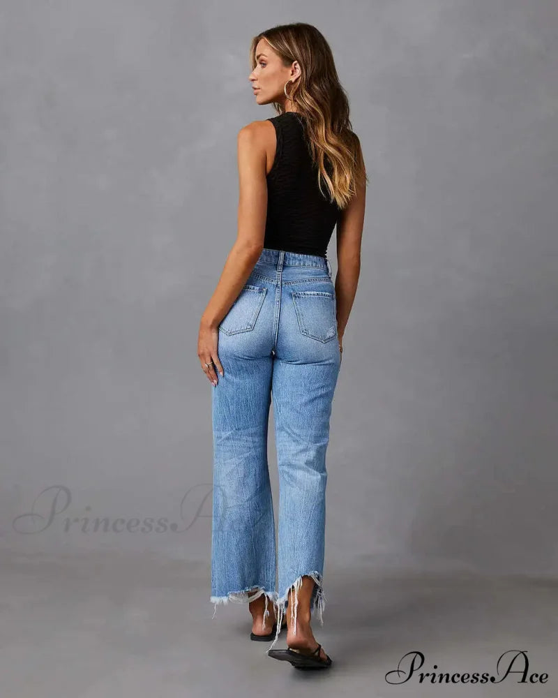 2024 New Fashion High Waist Straight Denim Vintage Tassel Women Baggy Spring Summer Blue Jean