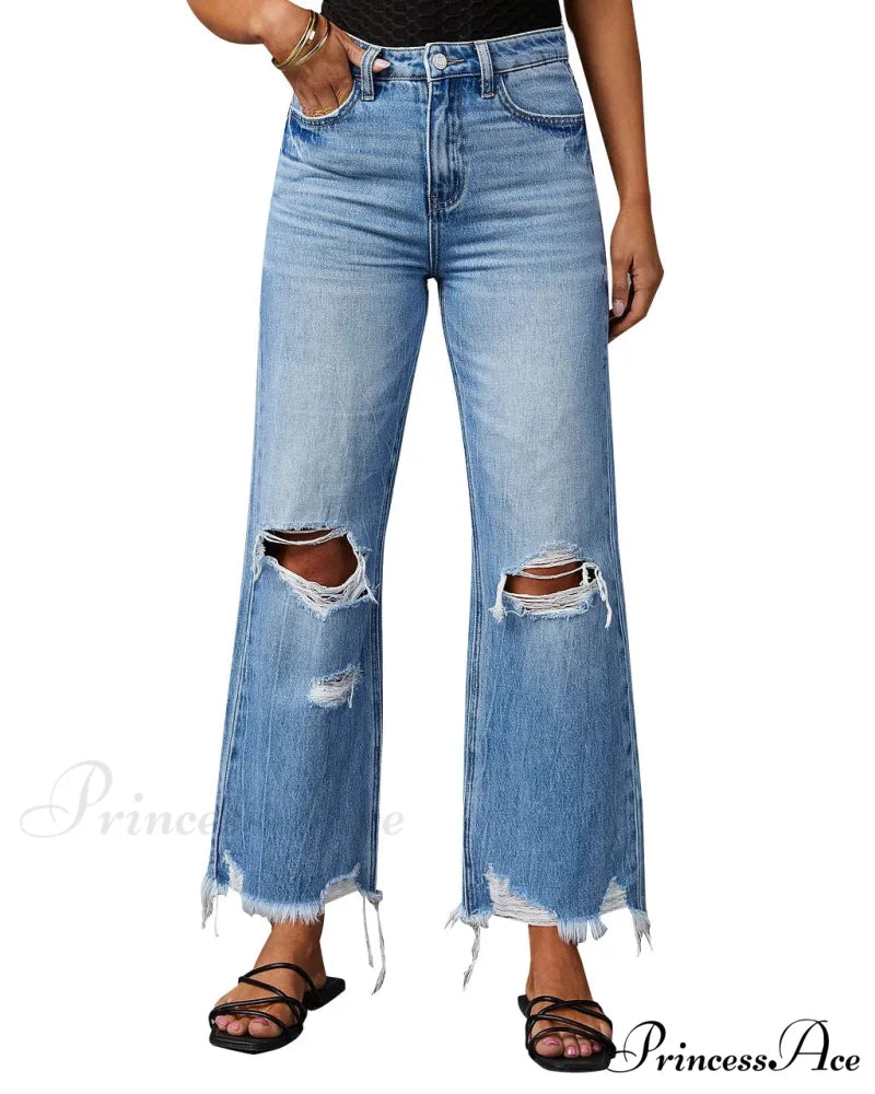 2024 New Fashion High Waist Straight Denim Vintage Tassel Women Baggy Spring Summer Blue Jean
