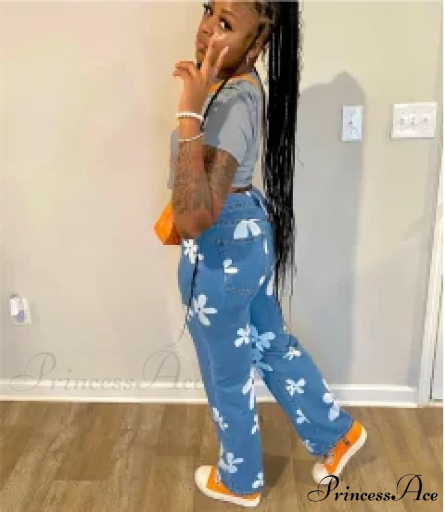 2024 New Floral Print Women Streetwear Y2k Straight Leg Baggy DenimVintage Blue 90s Jean
