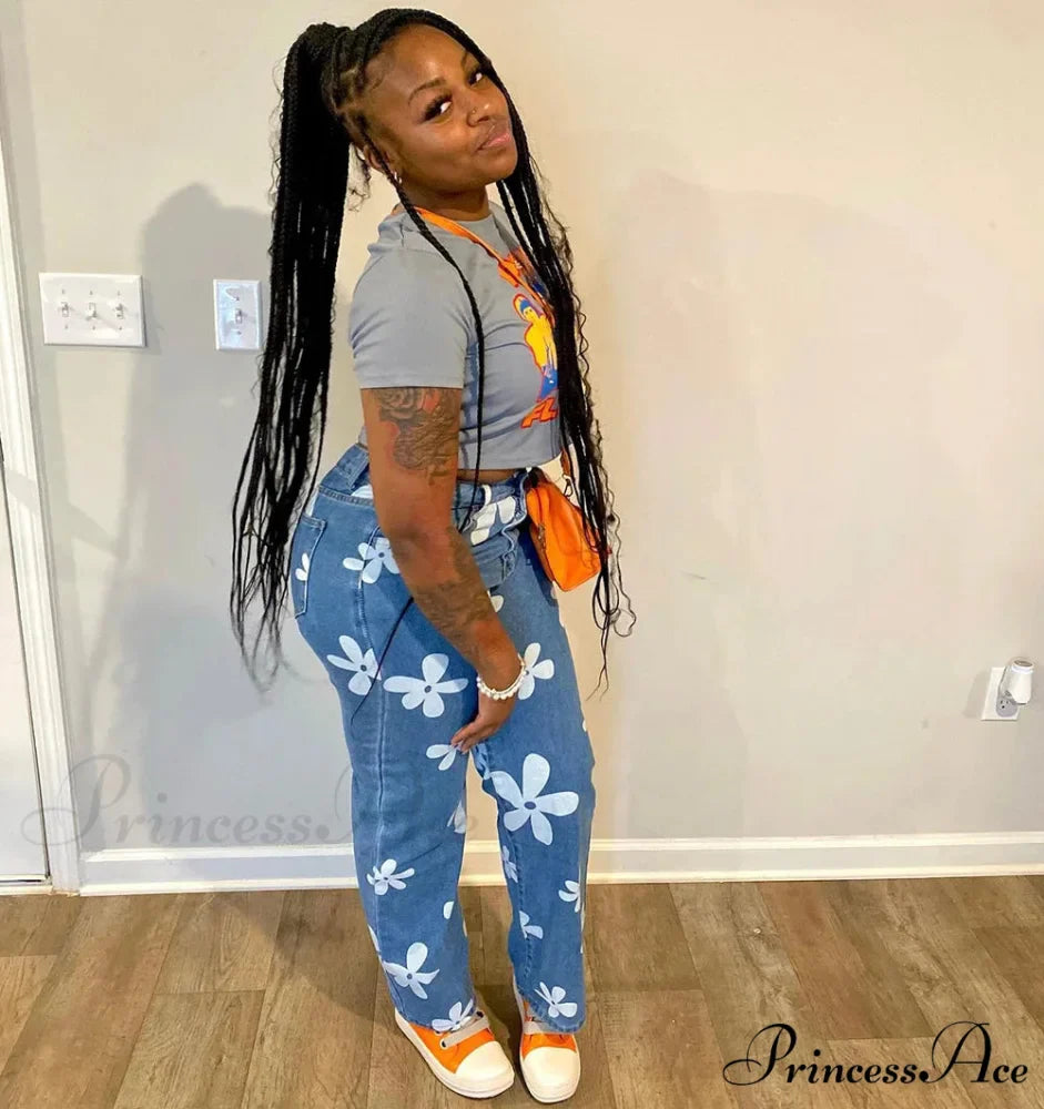 2024 New Floral Print Women Streetwear Y2k Straight Leg Baggy DenimVintage Blue 90s Jean