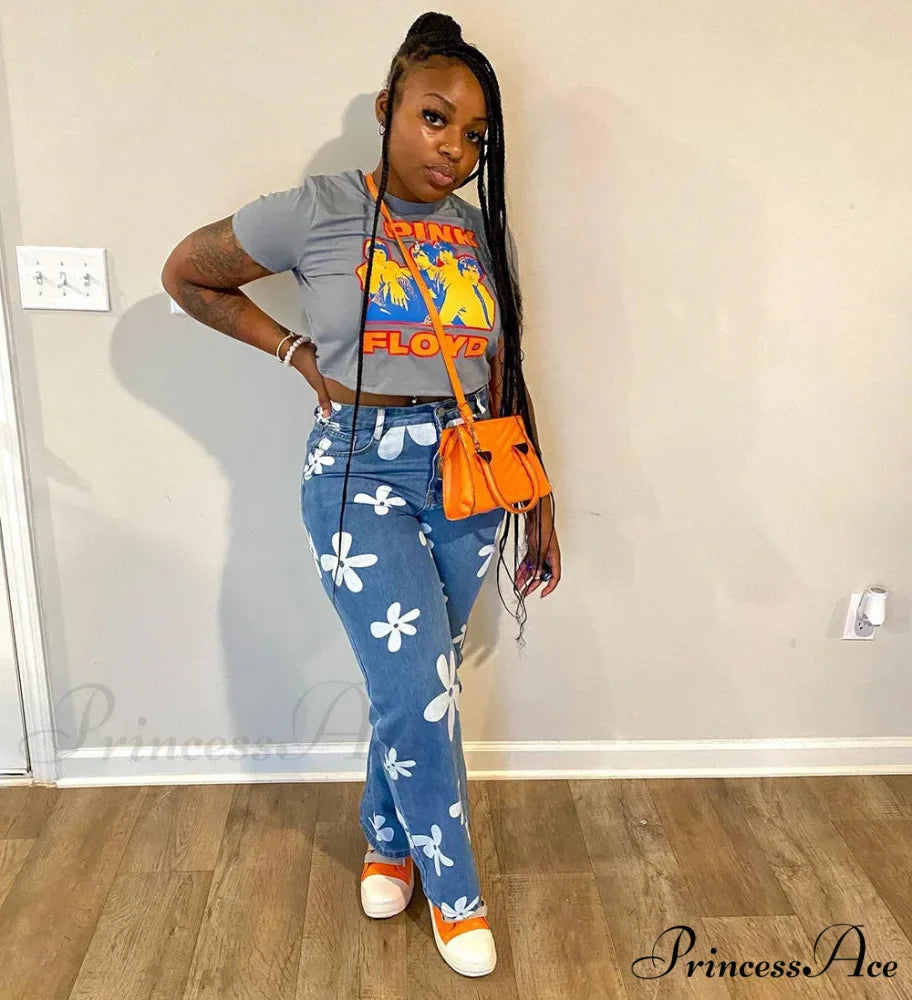2024 New Floral Print Women Streetwear Y2k Straight Leg Baggy DenimVintage Blue 90s Jean
