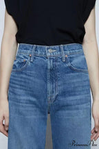 2024 New High-waisted Wide-leg Straight Women Solid-color Embroidered Letter Denim Long Jean