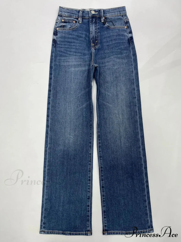 2024 New High-waisted Wide-leg Straight Women Solid-color Embroidered Letter Denim Long Jean