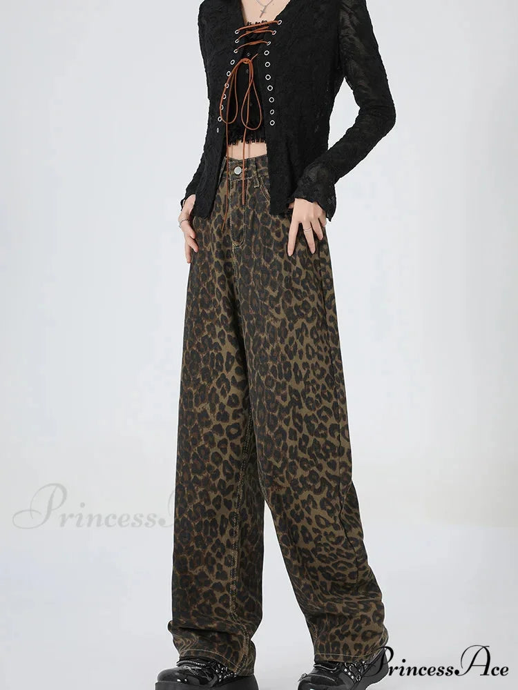 2024 New Leopard Print Wide Leg Women High Waisted Fashion Streetwear Retro Y2K Denim Baggy Casual Straight Jean