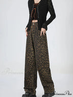 2024 New Leopard Print Wide Leg Women High Waisted Fashion Streetwear Retro Y2K Denim Baggy Casual Straight Jean