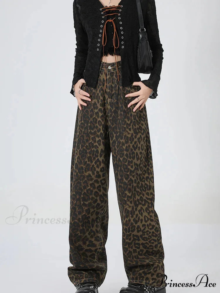 2024 New Leopard Print Wide Leg Women High Waisted Fashion Streetwear Retro Y2K Denim Baggy Casual Straight Jean