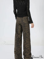 2024 New Leopard Print Wide Leg Women High Waisted Fashion Streetwear Retro Y2K Denim Baggy Casual Straight Jean