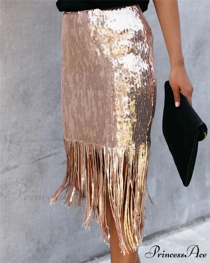 2024 Sequin Tassel Tight Midi Skirt