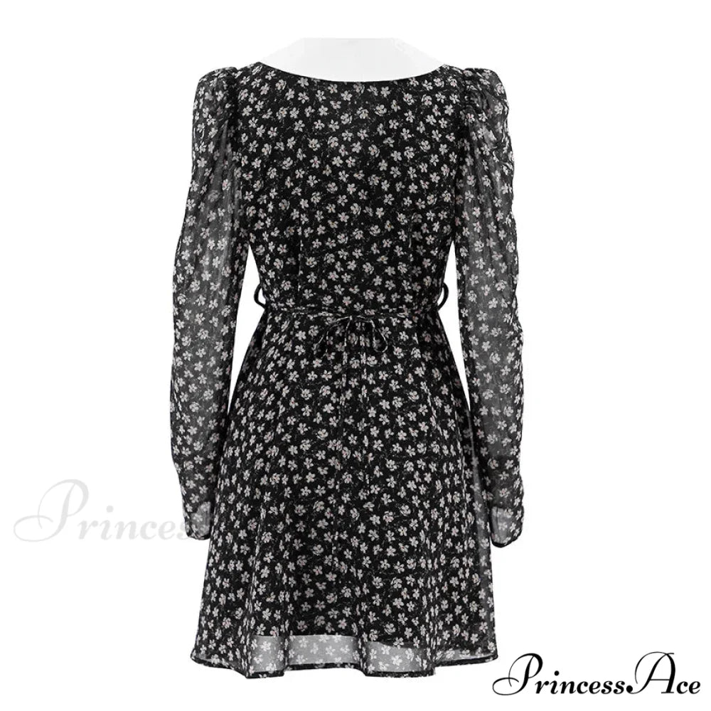 2024 Spring French Puff Sleeve Women's Doll Collar Waist Long Sleeve A-Link Skirt Summer Floral Dress