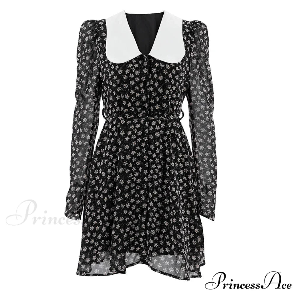 2024 Spring French Puff Sleeve Women's Doll Collar Waist Long Sleeve A-Link Skirt Summer Floral Dress