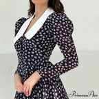 2024 Spring French Puff Sleeve Women's Doll Collar Waist Long Sleeve A-Link Skirt Summer Floral Dress