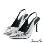 2024 Spring Shoes Pumps Pleated Pointed-Toe Silver High-Heels Sexy Back-Buckle Strap Stiletto High Heel