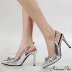 2024 Spring Shoes Pumps Pleated Pointed-Toe Silver High-Heels Sexy Back-Buckle Strap Stiletto High Heel