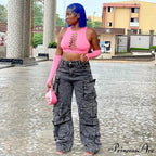 2024 Straight Denim Streetwear Fashion Pocket Front Lace Hem Cargo Wide Leg Jean