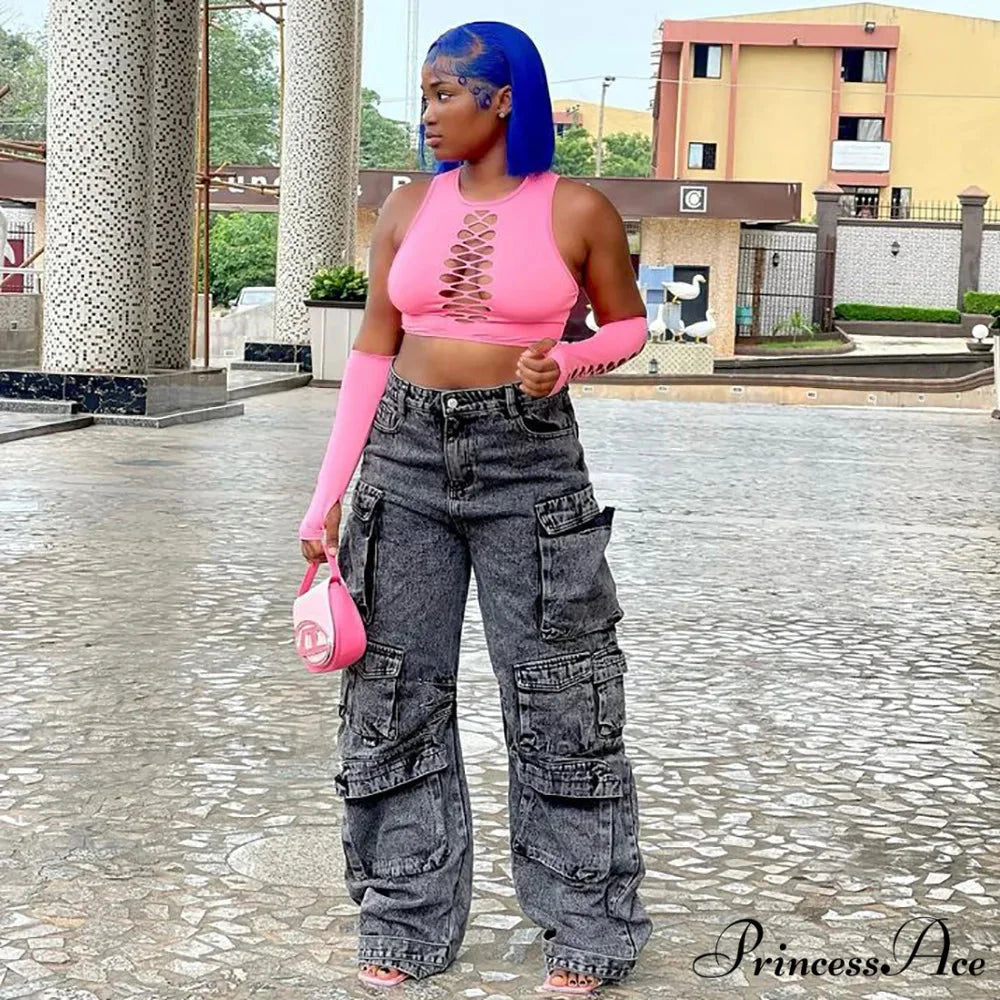 2024 Straight Denim Streetwear Fashion Pocket Front Lace Hem Cargo Wide Leg Jean