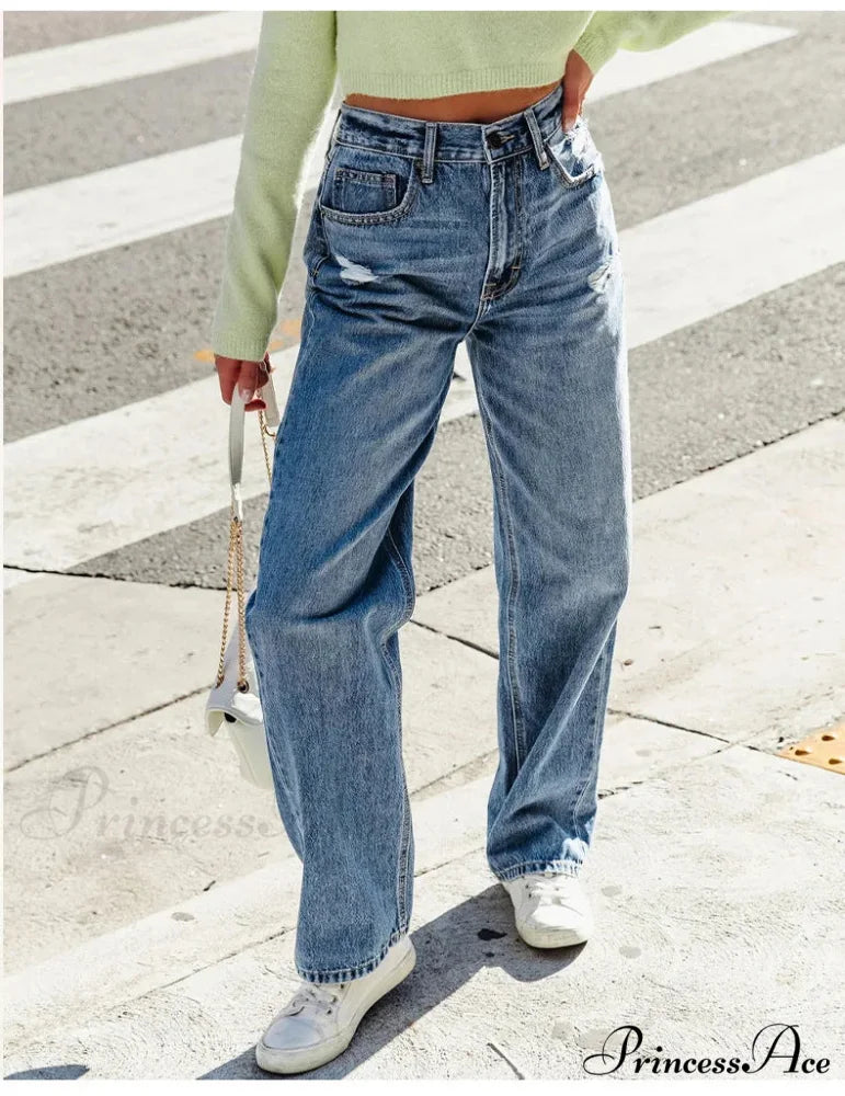 2024 Stretch Women's Casual Ripped Wide Leg For Women Vintage High Waist Easymatch Straight Jean