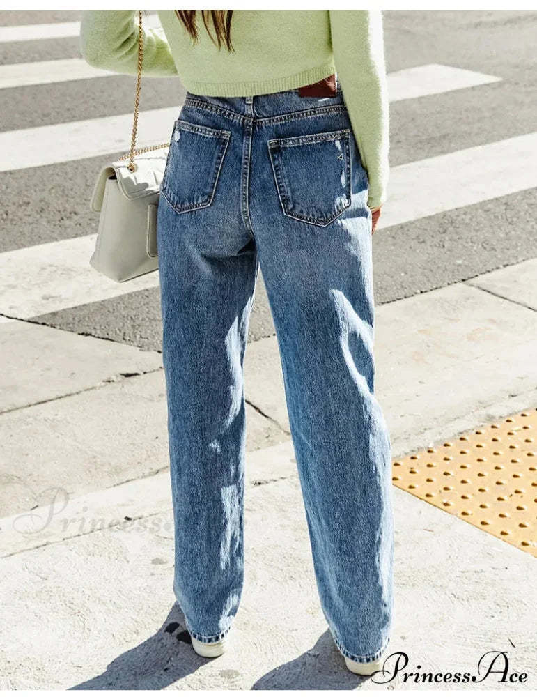 2024 Stretch Women's Casual Ripped Wide Leg For Women Vintage High Waist Easymatch Straight Jean