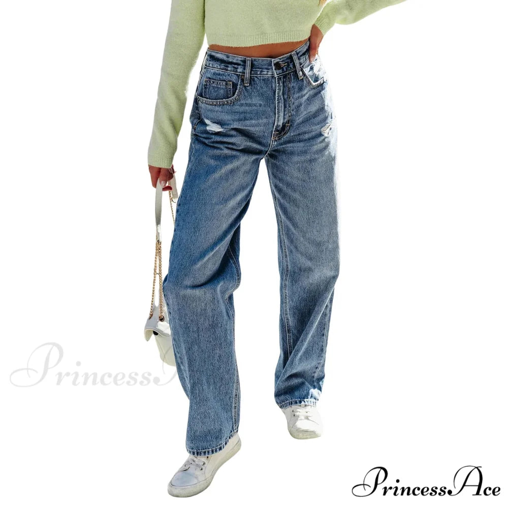 2024 Stretch Women's Casual Ripped Wide Leg For Women Vintage High Waist Easymatch Straight Jean