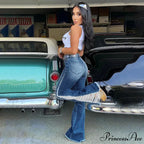 2024 Stretch Women's Fashion Leg Side Hole Flare High Waist Sexy Fringe Ripped Hollow Denim Streetwear Trouser Jean