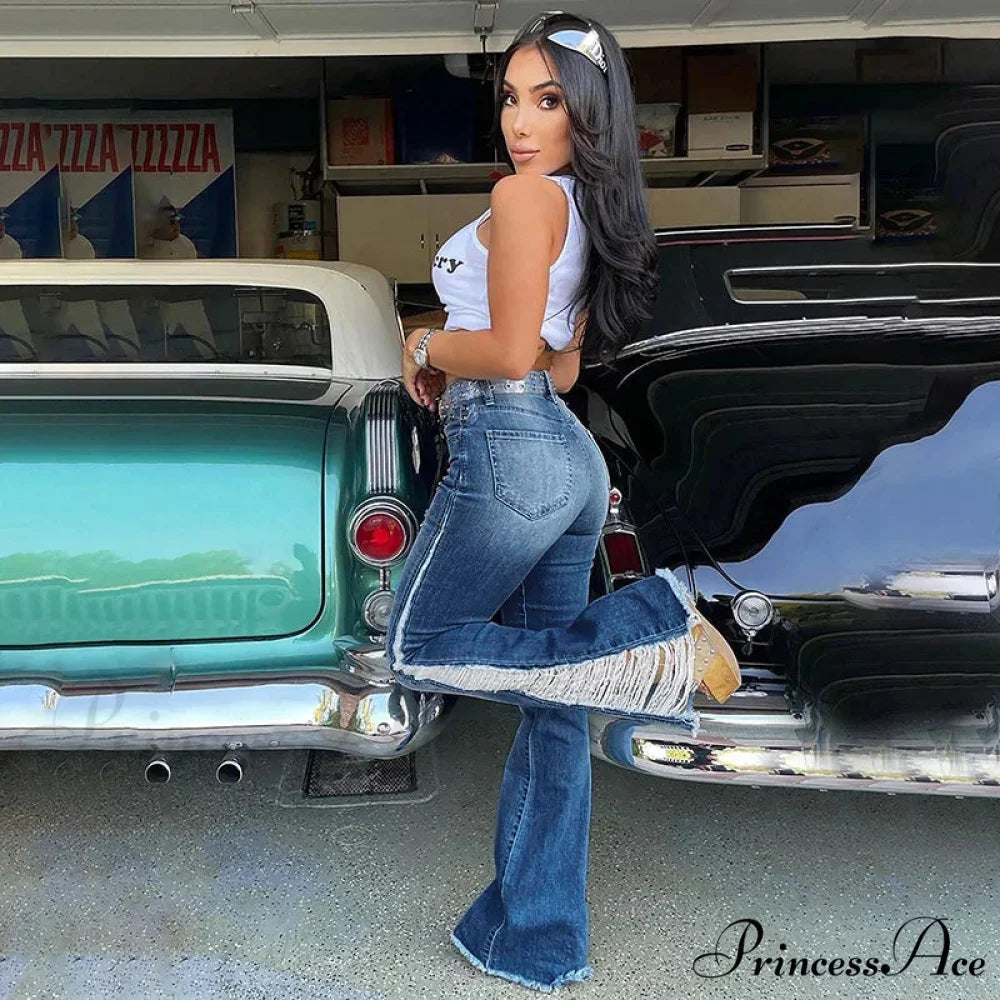 2024 Stretch Women's Fashion Leg Side Hole Flare High Waist Sexy Fringe Ripped Hollow Denim Streetwear Trouser Jean