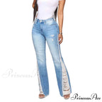 2024 Stretch Women's Fashion Leg Side Hole Flare High Waist Sexy Fringe Ripped Hollow Denim Streetwear Trouser Jean