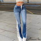2024 Stretch Women's Fashion Leg Side Hole Flare High Waist Sexy Fringe Ripped Hollow Denim Streetwear Trouser Jean