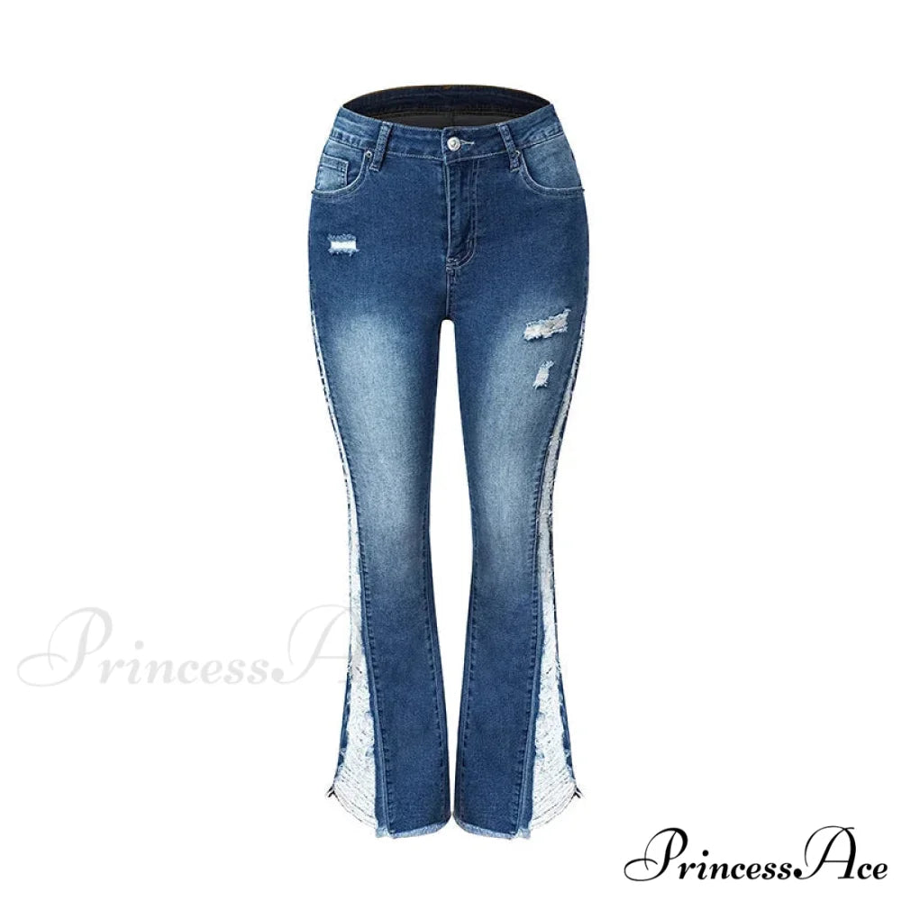 2024 Stretch Women's Fashion Leg Side Hole Flare High Waist Sexy Fringe Ripped Hollow Denim Streetwear Trouser Jean