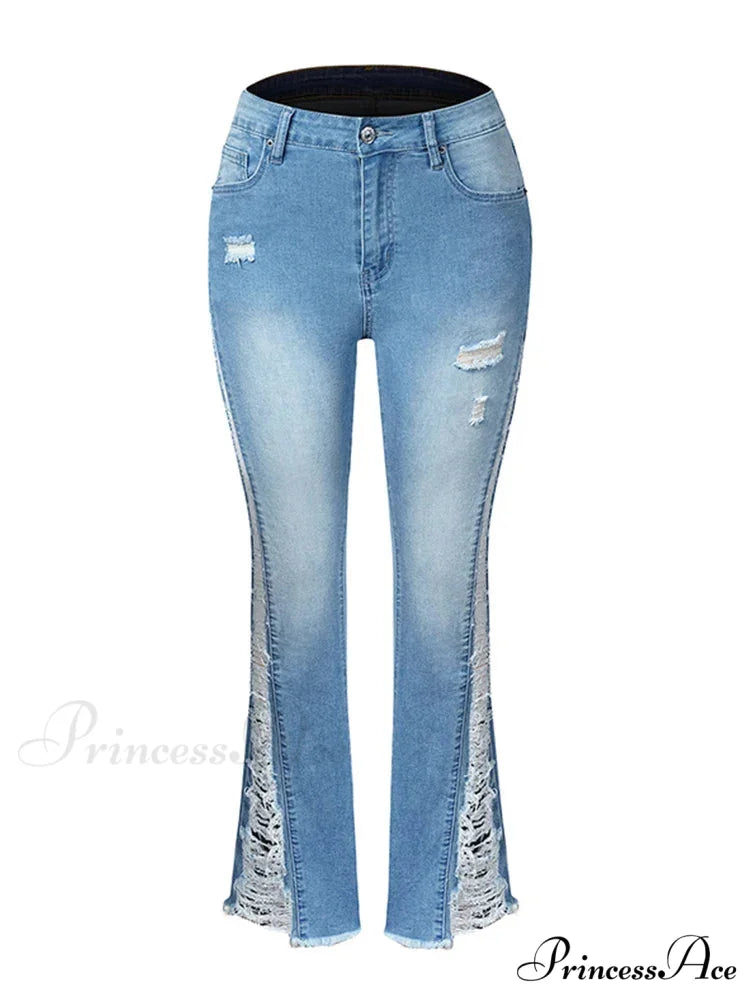 2024 Stretch Women's Fashion Leg Side Hole Flare High Waist Sexy Fringe Ripped Hollow Denim Streetwear Trouser Jean