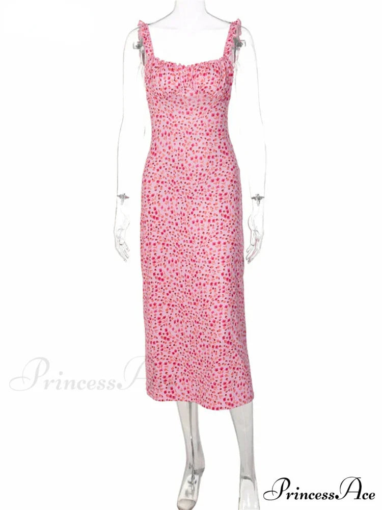 2024 Summer Beach Women's Casual Pink Strap Print Floral Women's Ruched Party Sexy Club Midi Dress