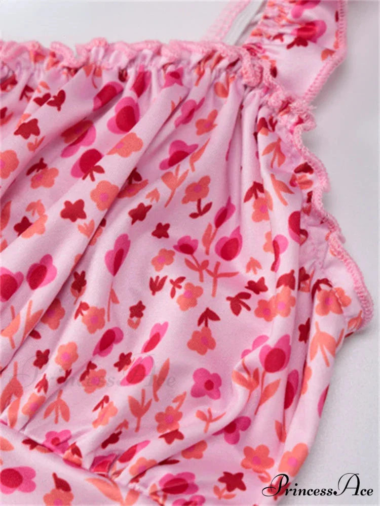 2024 Summer Beach Women's Casual Pink Strap Print Floral Women's Ruched Party Sexy Club Midi Dress