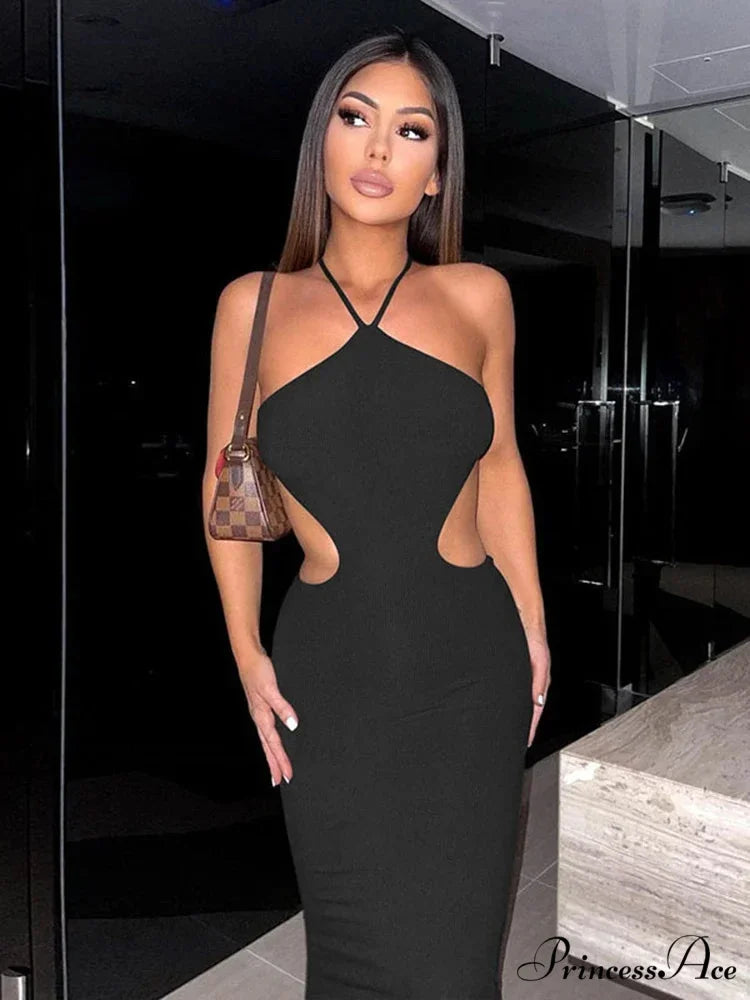 2024 Summer Halter for Women's Sleeveless Backless Club Party Cutout Bandage Midi Dress Clothes Sexy