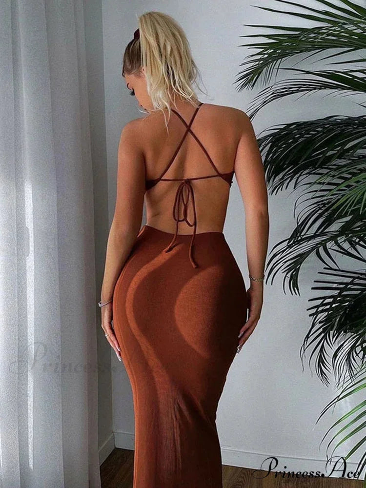 2024 Summer Halter for Women's Sleeveless Backless Club Party Cutout Bandage Midi Dress Clothes Sexy